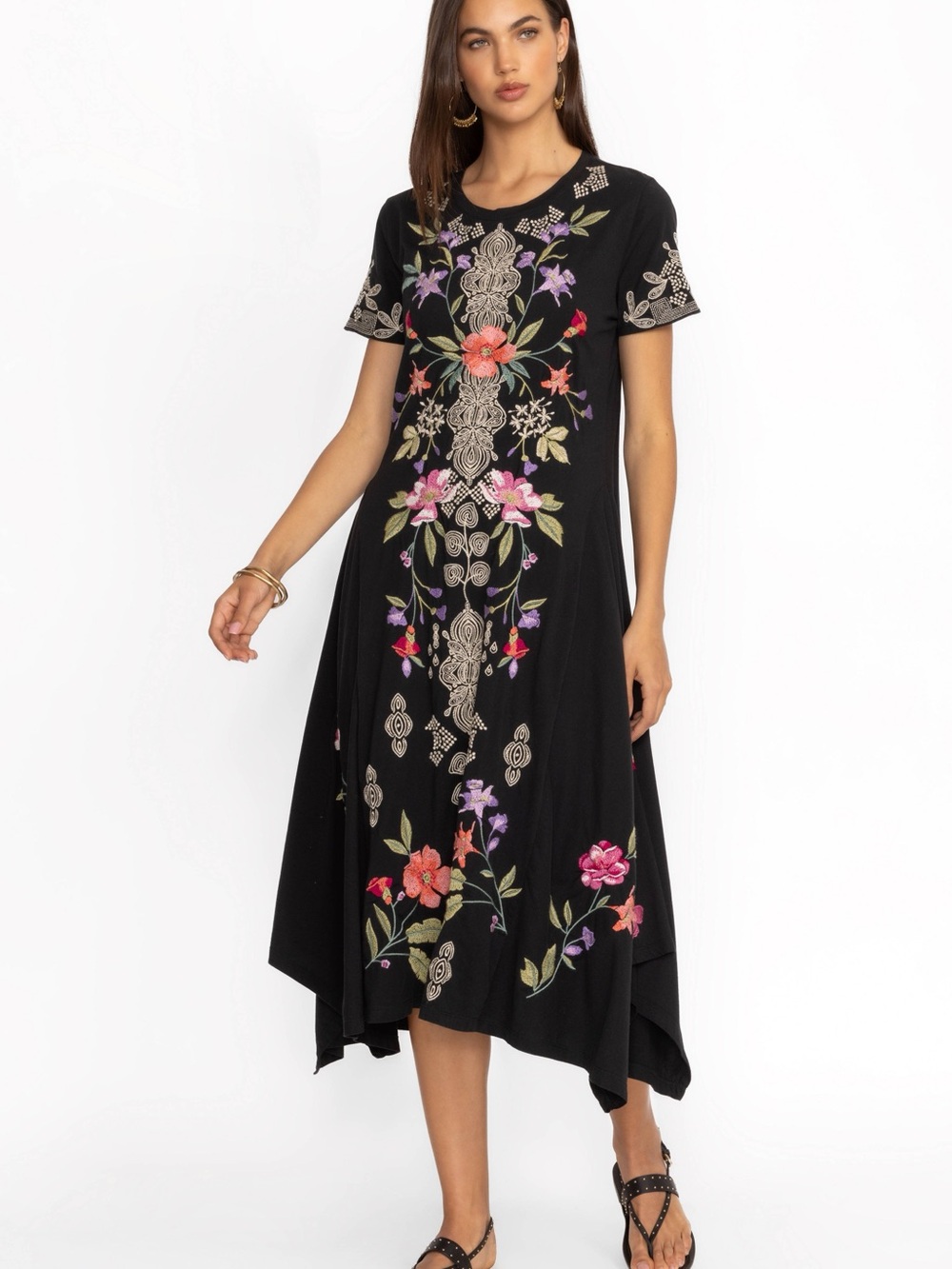 Johnny Was Black Floral Embroidered Asymmetrical Midi Dress